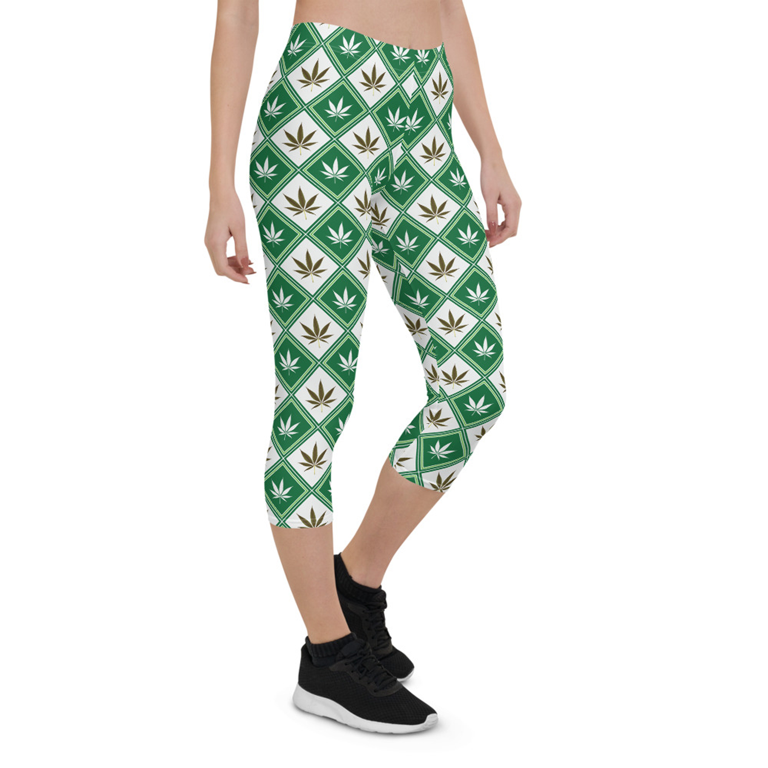 Womens Cannabis Green Capri Leggings featuring unique graphic designs and a comfortable fit, perfect for workouts and casual wear.