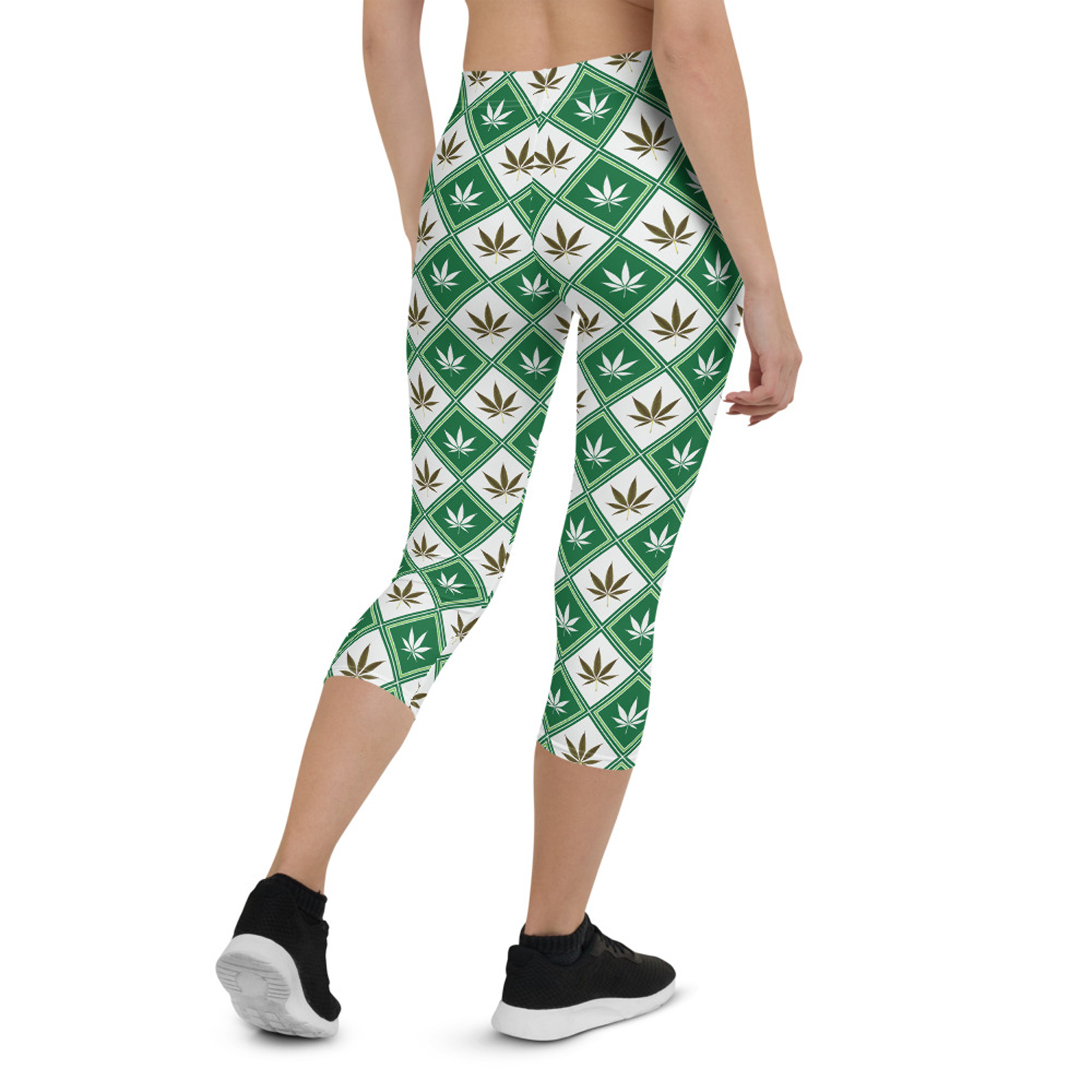 Womens Cannabis Green Capri Leggings featuring unique graphic designs and a comfortable fit, perfect for workouts and casual wear.