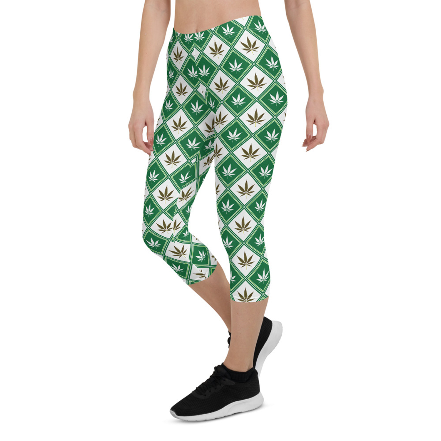 Womens Cannabis Green Capri Leggings featuring unique graphic designs and a comfortable fit, perfect for workouts and casual wear.