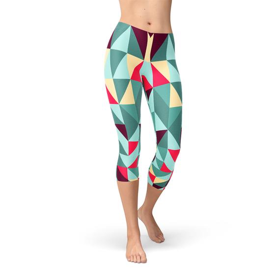 Women's Capri Leggings featuring a vibrant geometric triangle pattern, designed for comfort and performance.