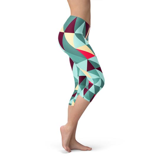 Women's Capri Leggings featuring a vibrant geometric triangle pattern, designed for comfort and performance.