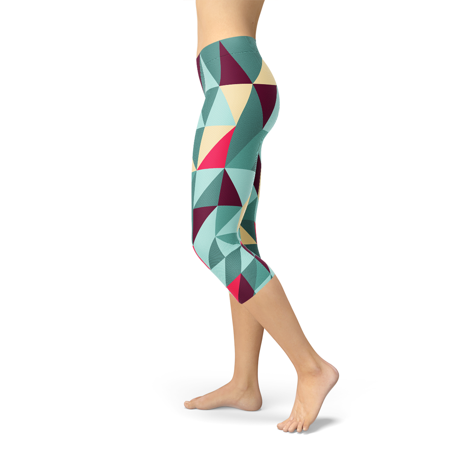 Women's Capri Leggings featuring a vibrant geometric triangle pattern, designed for comfort and performance.