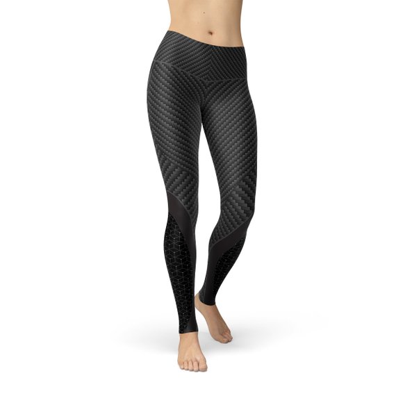 A pair of stylish Womens Carbon Fiber Sports Leggings featuring a sleek carbon fiber print, designed for comfort and performance during workouts.