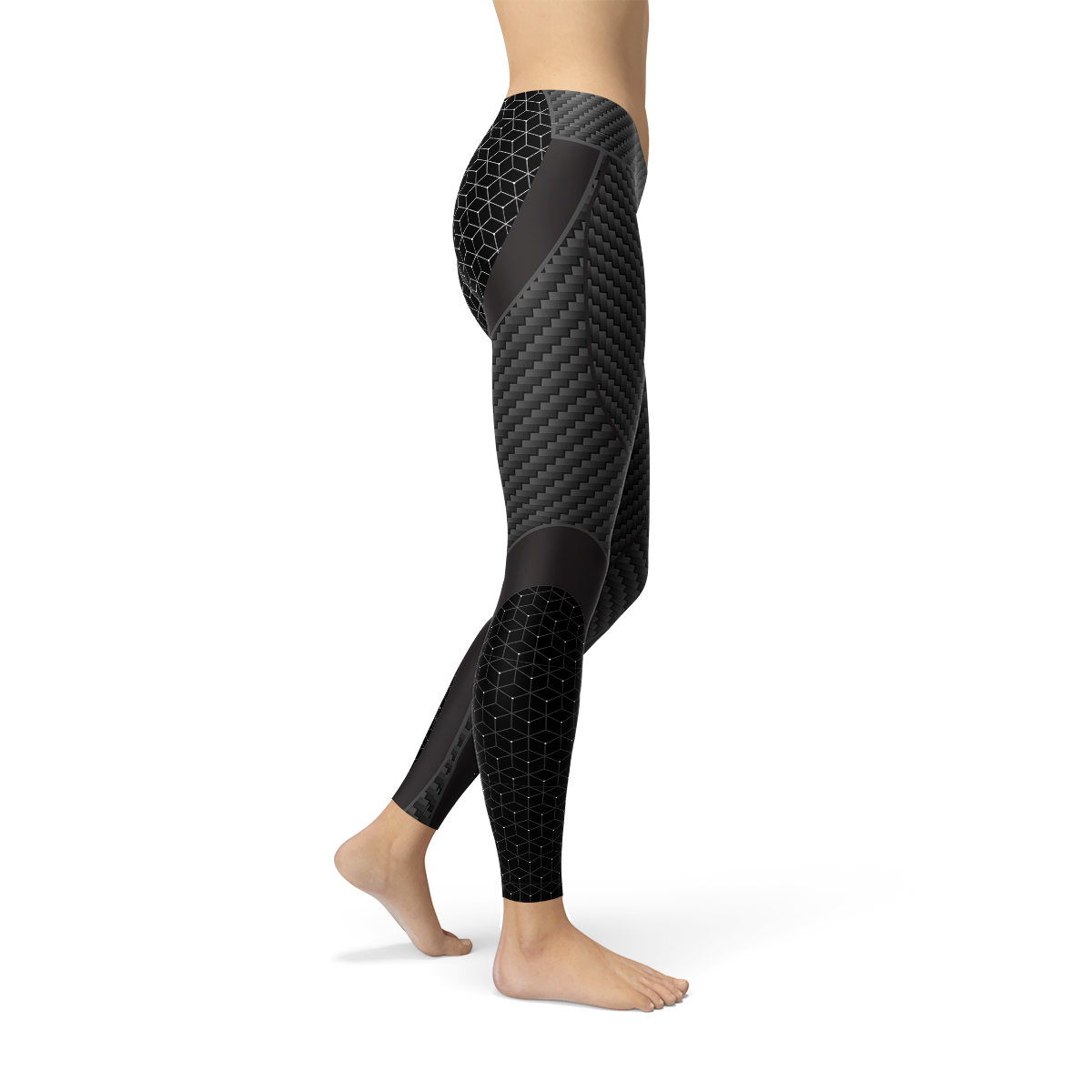 A pair of stylish Womens Carbon Fiber Sports Leggings featuring a sleek carbon fiber print, designed for comfort and performance during workouts.