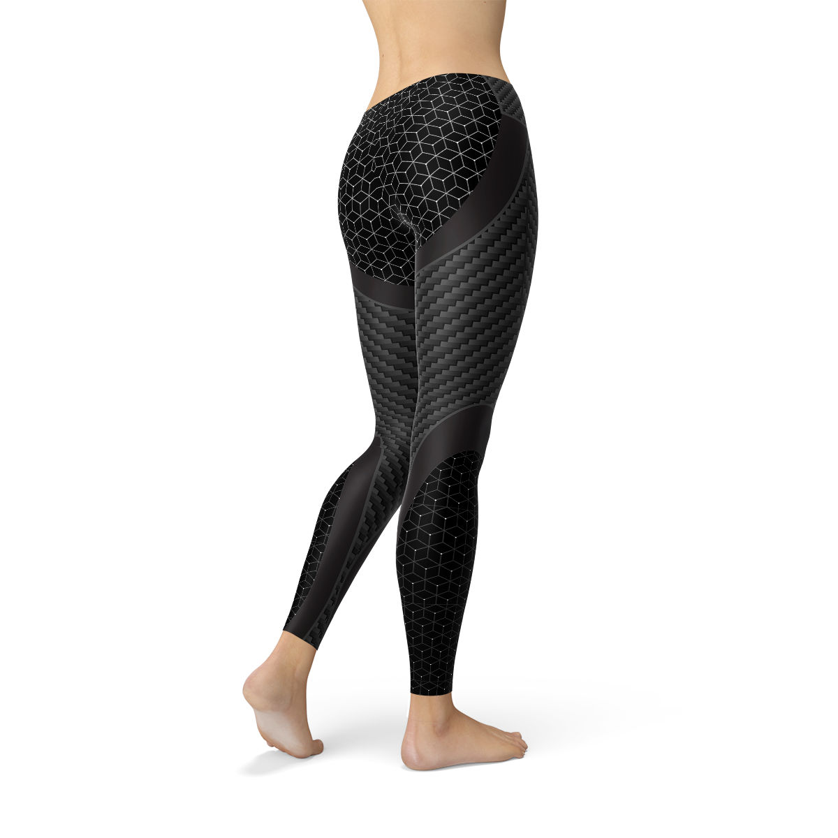 A pair of stylish Womens Carbon Fiber Sports Leggings featuring a sleek carbon fiber print, designed for comfort and performance during workouts.