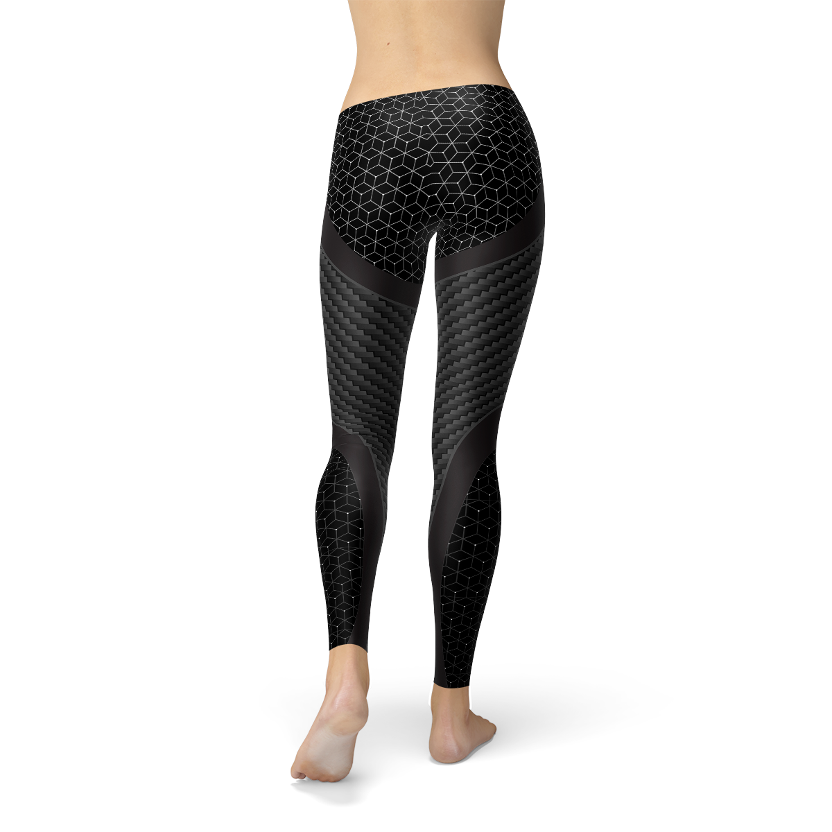 A pair of stylish Womens Carbon Fiber Sports Leggings featuring a sleek carbon fiber print, designed for comfort and performance during workouts.