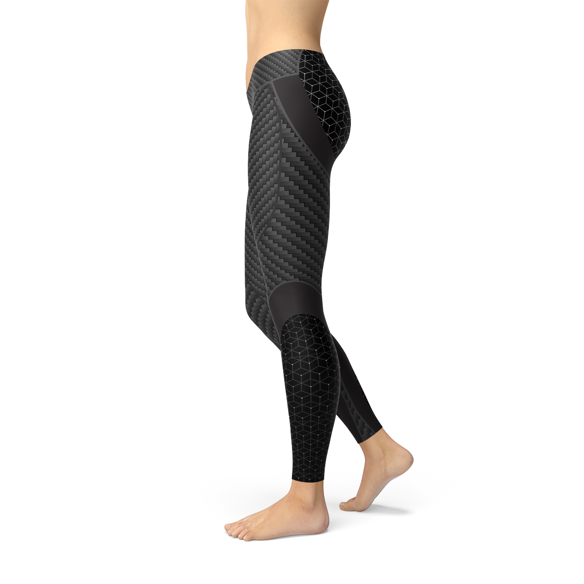 A pair of stylish Womens Carbon Fiber Sports Leggings featuring a sleek carbon fiber print, designed for comfort and performance during workouts.