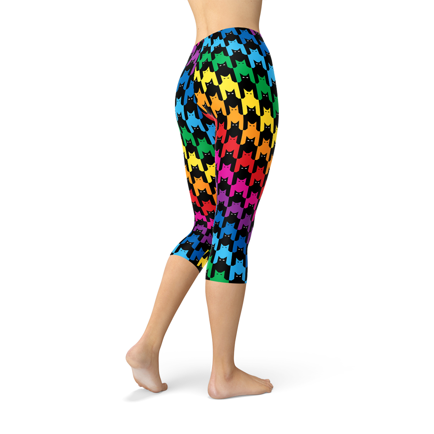 A pair of Women's Cat Houndstooth Capri Leggings featuring a stylish houndstooth pattern, designed for comfort and performance in various athletic activities.