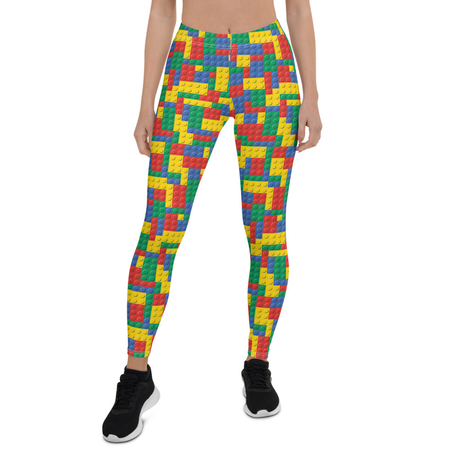 A pair of vibrant Womens Colorful Building Blocks Leggings featuring unique graphic designs, perfect for workouts and casual wear.