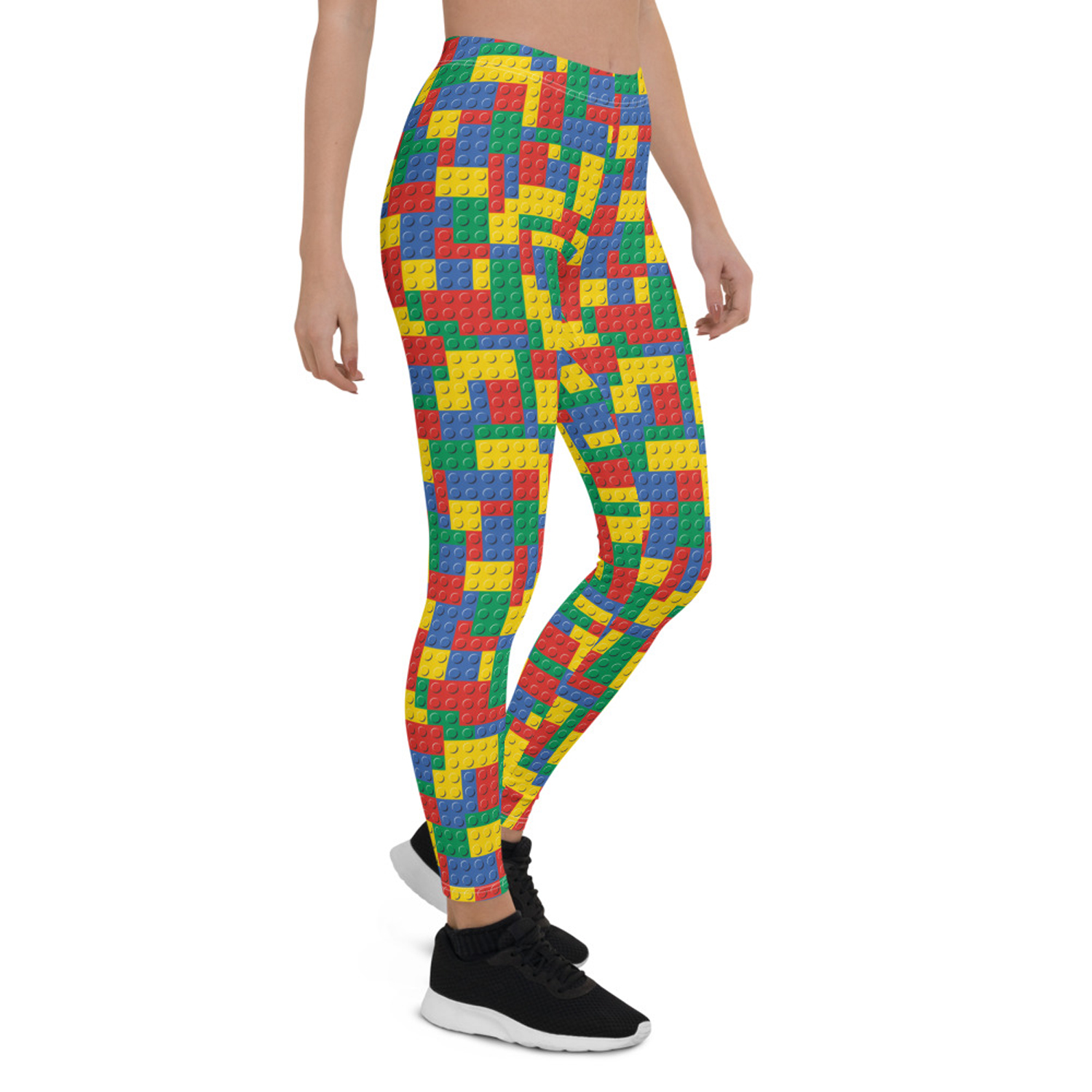 A pair of vibrant Womens Colorful Building Blocks Leggings featuring unique graphic designs, perfect for workouts and casual wear.