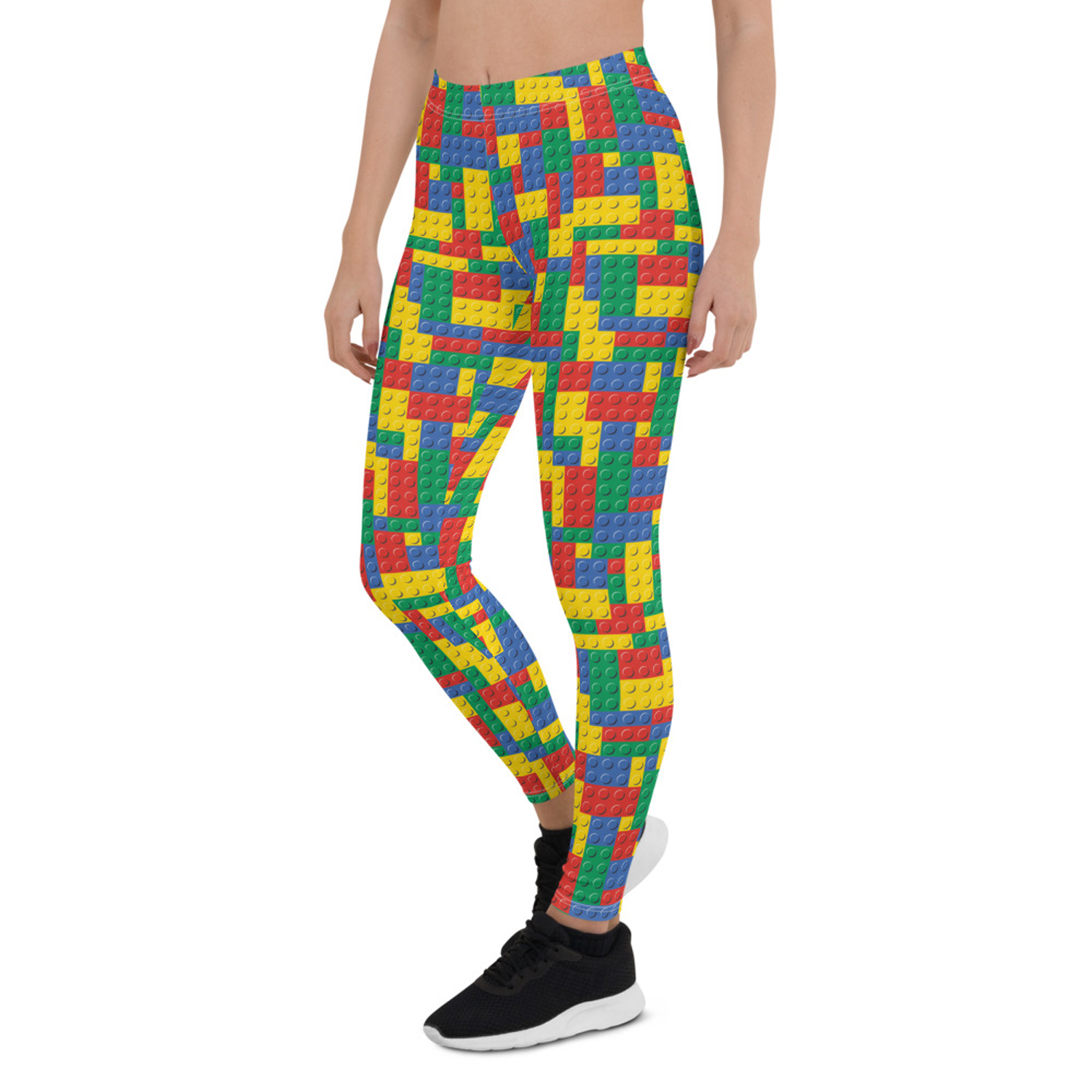 A pair of vibrant Womens Colorful Building Blocks Leggings featuring unique graphic designs, perfect for workouts and casual wear.