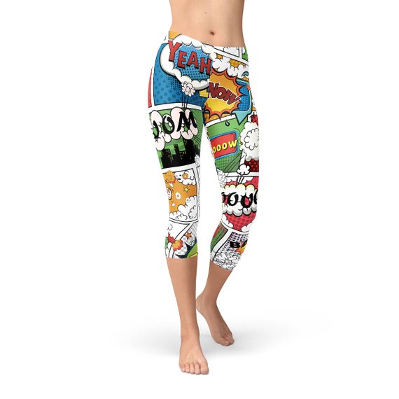 Women's Comic Book Capri Leggings featuring vibrant comic book graphics, designed for comfort and performance, suitable for workouts and casual wear.