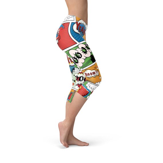 Women's Comic Book Capri Leggings featuring vibrant comic book graphics, designed for comfort and performance, suitable for workouts and casual wear.