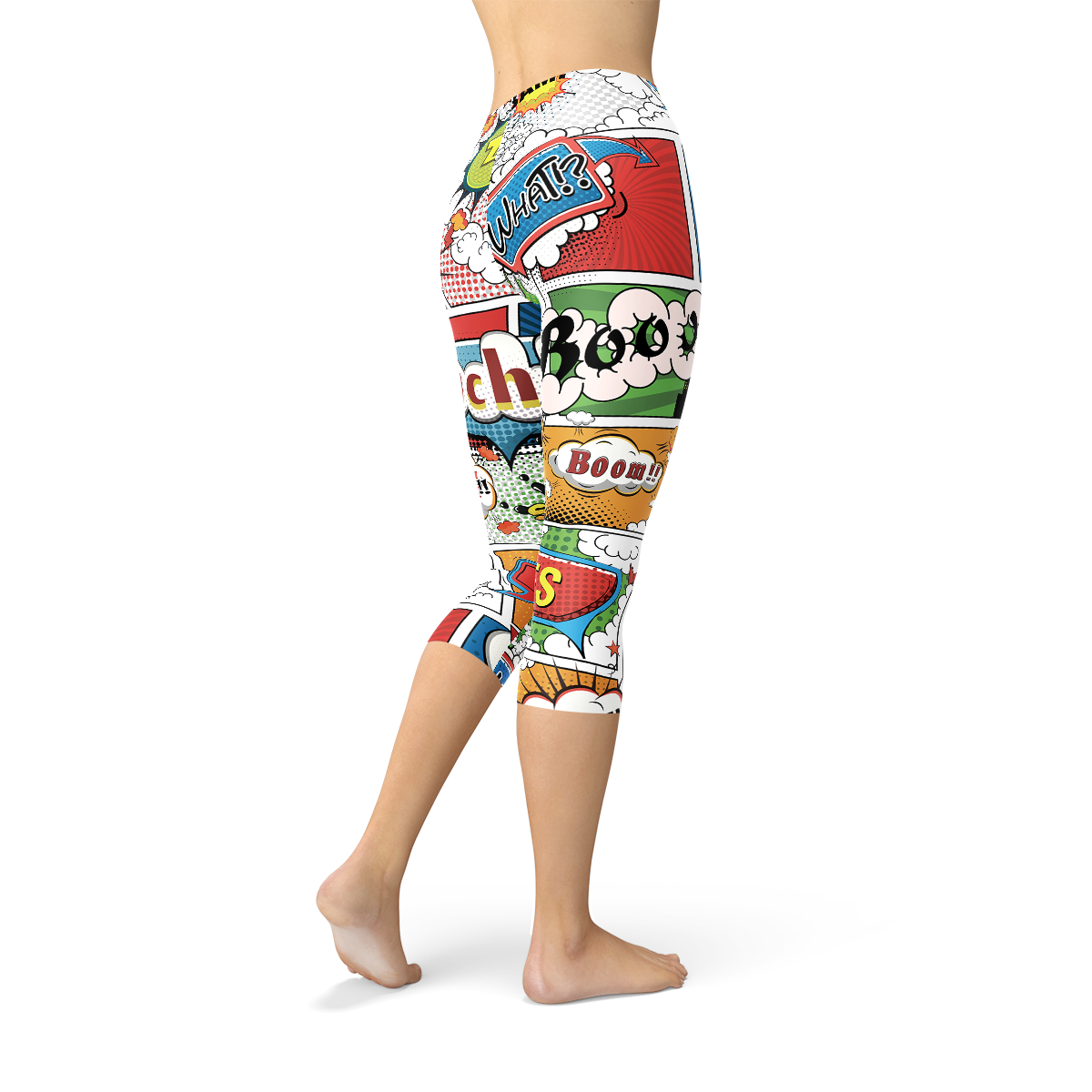 Women's Comic Book Capri Leggings featuring vibrant comic book graphics, designed for comfort and performance, suitable for workouts and casual wear.