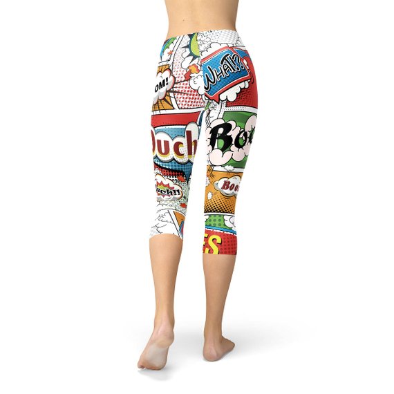 Women's Comic Book Capri Leggings featuring vibrant comic book graphics, designed for comfort and performance, suitable for workouts and casual wear.