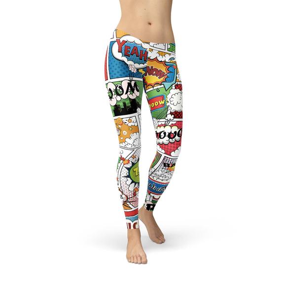 A pair of Women's Comic Book Leggings featuring vibrant, colorful comic book graphics, designed for comfort and performance during workouts.