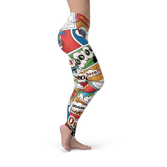 A pair of Women's Comic Book Leggings featuring vibrant, colorful comic book graphics, designed for comfort and performance during workouts.