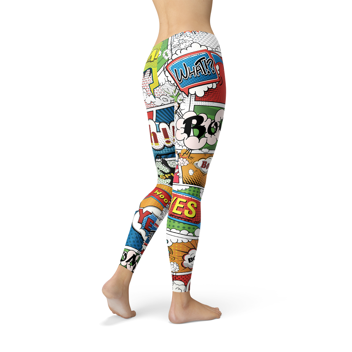 A pair of Women's Comic Book Leggings featuring vibrant, colorful comic book graphics, designed for comfort and performance during workouts.