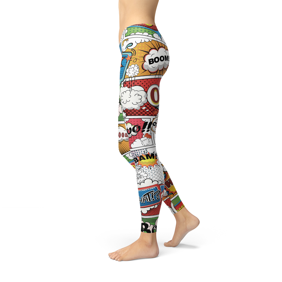 A pair of Women's Comic Book Leggings featuring vibrant, colorful comic book graphics, designed for comfort and performance during workouts.