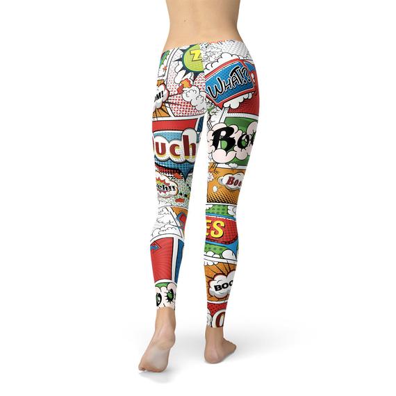 A pair of Women's Comic Book Leggings featuring vibrant, colorful comic book graphics, designed for comfort and performance during workouts.