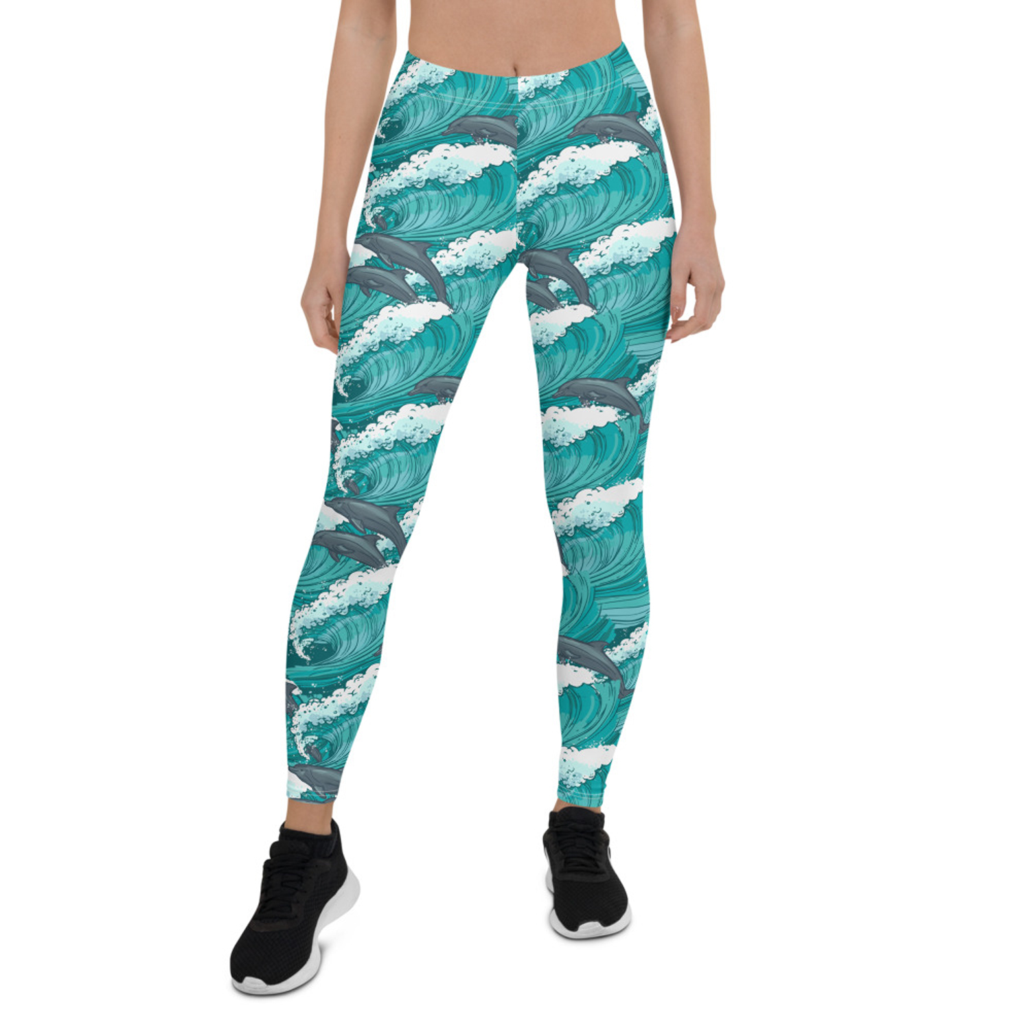 Women's Dolphin and Waves Leggings featuring a vibrant graphic design with dolphins and waves, perfect for workouts and casual wear.