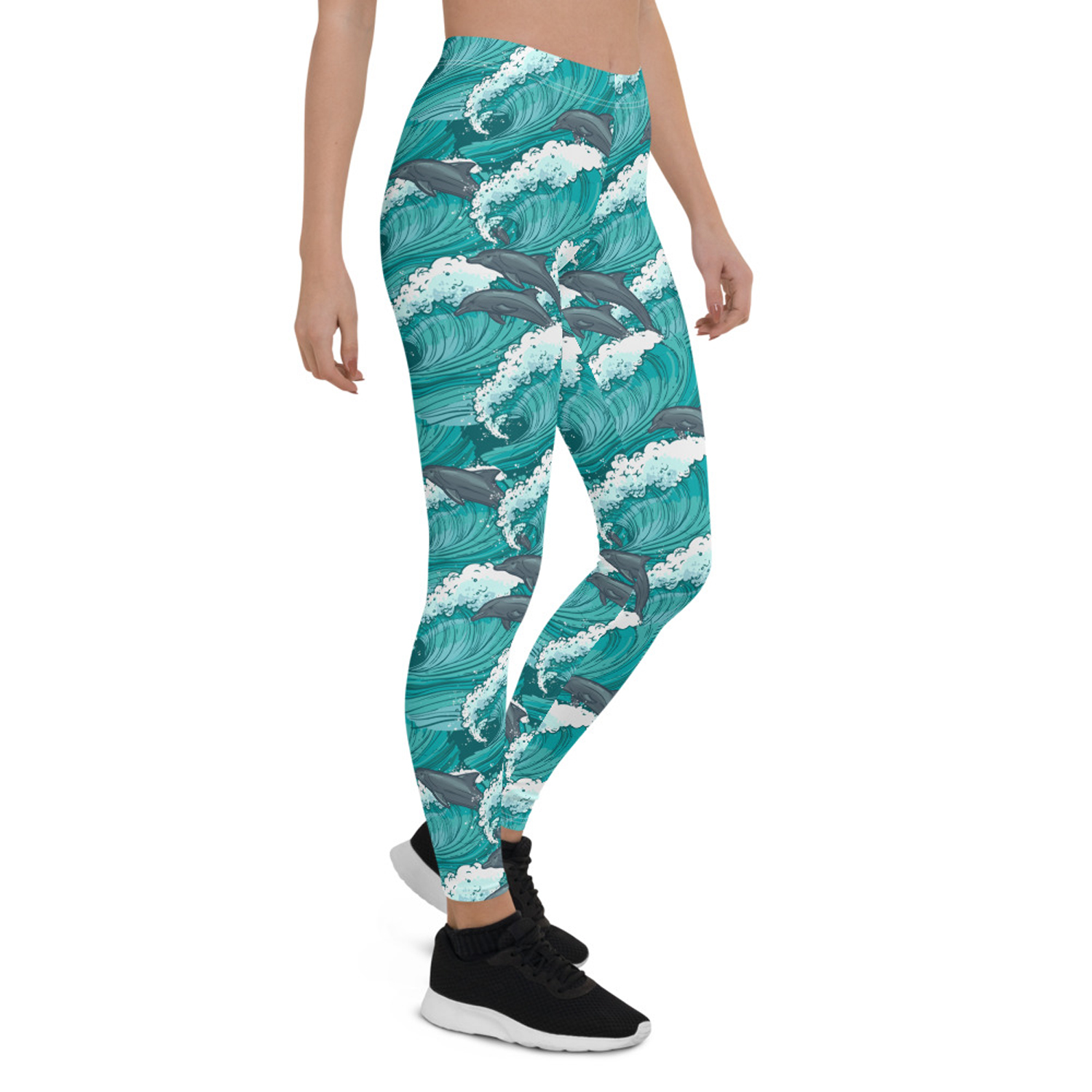 Women's Dolphin and Waves Leggings featuring a vibrant graphic design with dolphins and waves, perfect for workouts and casual wear.