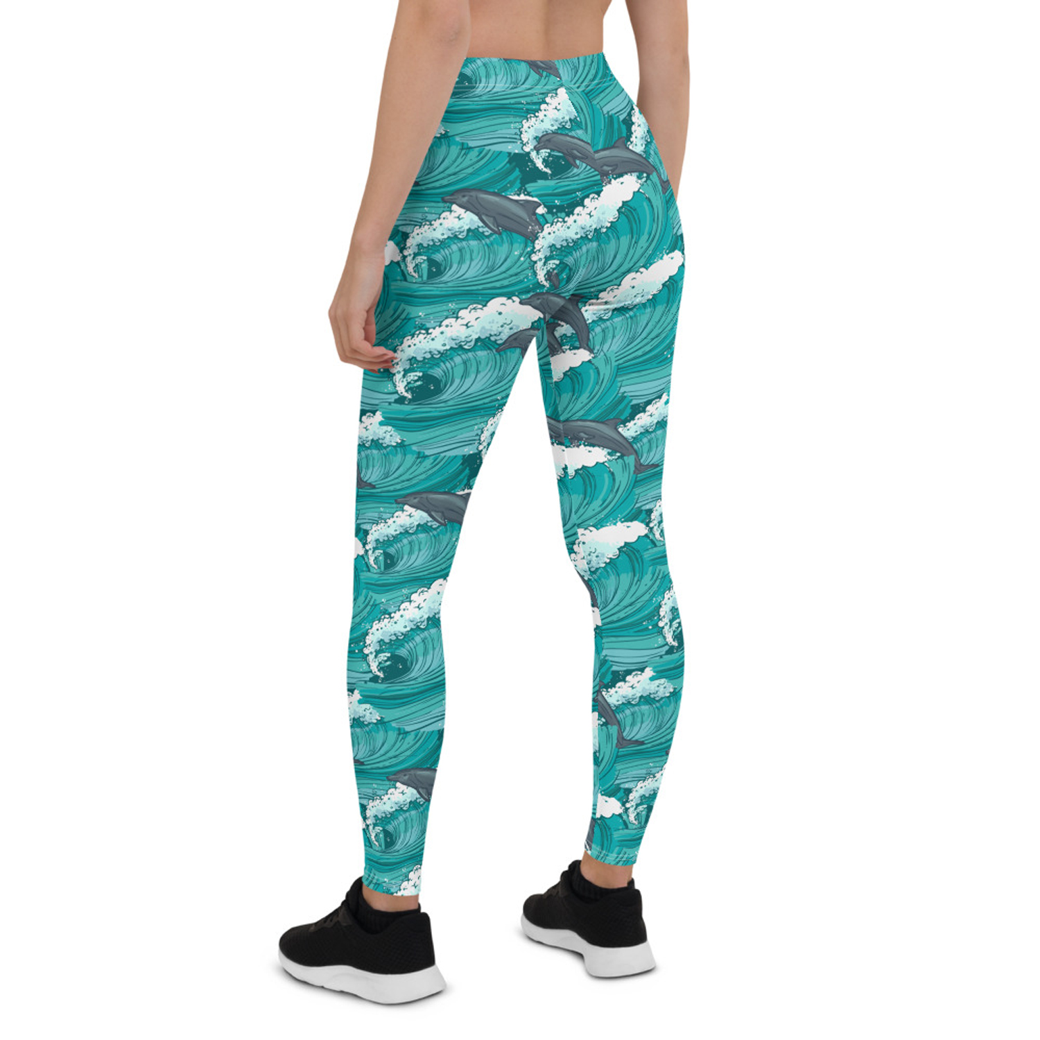 Women's Dolphin and Waves Leggings featuring a vibrant graphic design with dolphins and waves, perfect for workouts and casual wear.