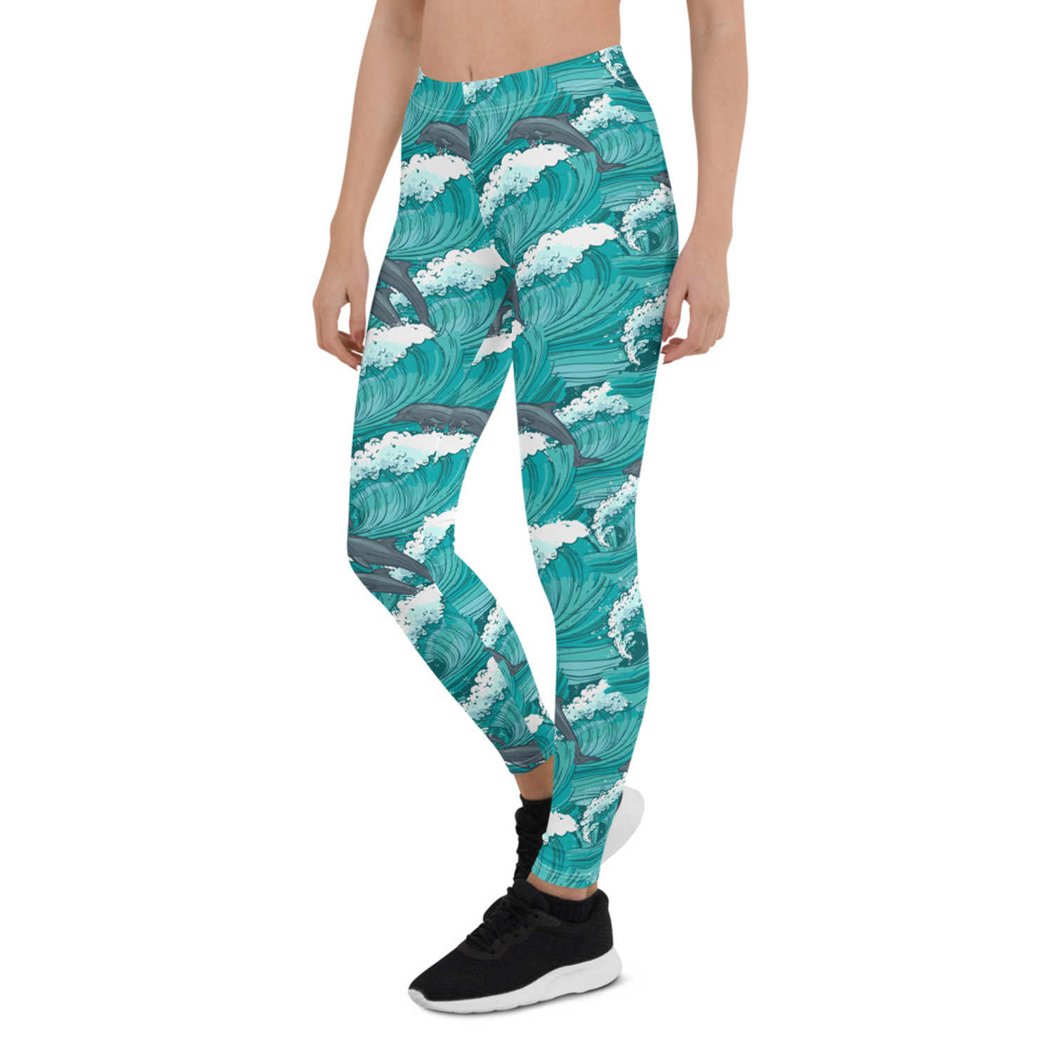 Women's Dolphin and Waves Leggings featuring a vibrant graphic design with dolphins and waves, perfect for workouts and casual wear.