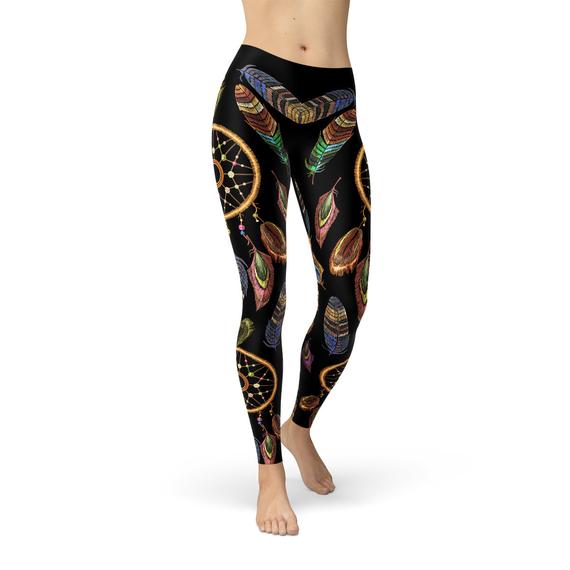 Womens Dreamcatcher Leggings featuring a colorful dreamcatcher print with feather details, made from soft stretchy fabric for comfort and style.