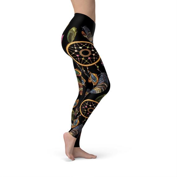 Womens Dreamcatcher Leggings featuring a colorful dreamcatcher print with feather details, made from soft stretchy fabric for comfort and style.