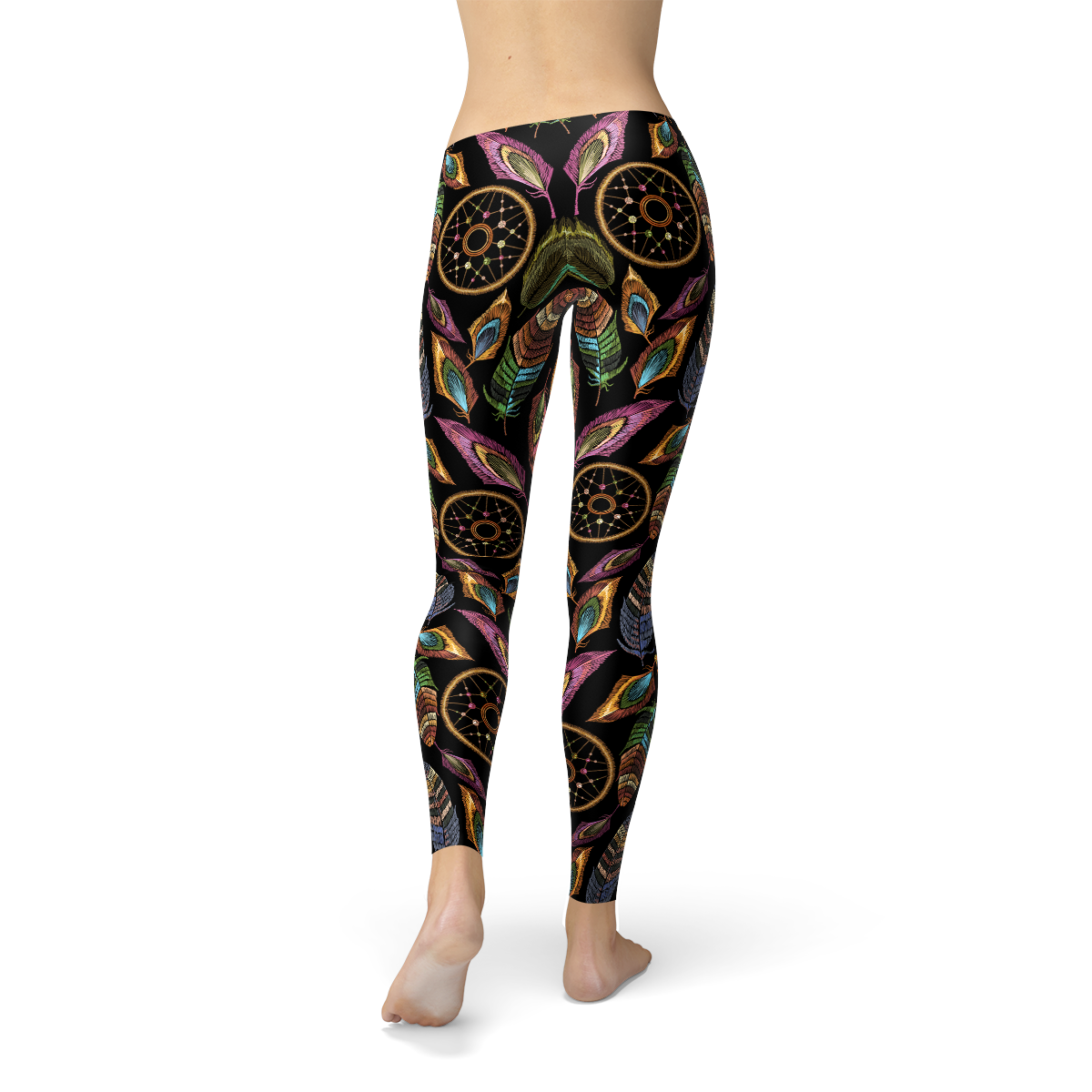 Womens Dreamcatcher Leggings featuring a colorful dreamcatcher print with feather details, made from soft stretchy fabric for comfort and style.