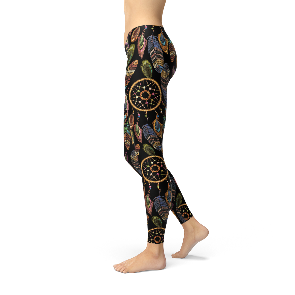 Womens Dreamcatcher Leggings featuring a colorful dreamcatcher print with feather details, made from soft stretchy fabric for comfort and style.