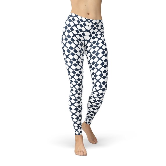 Women's Geometric Blue Tile Leggings featuring a unique geometric pattern, perfect for workouts and casual wear.