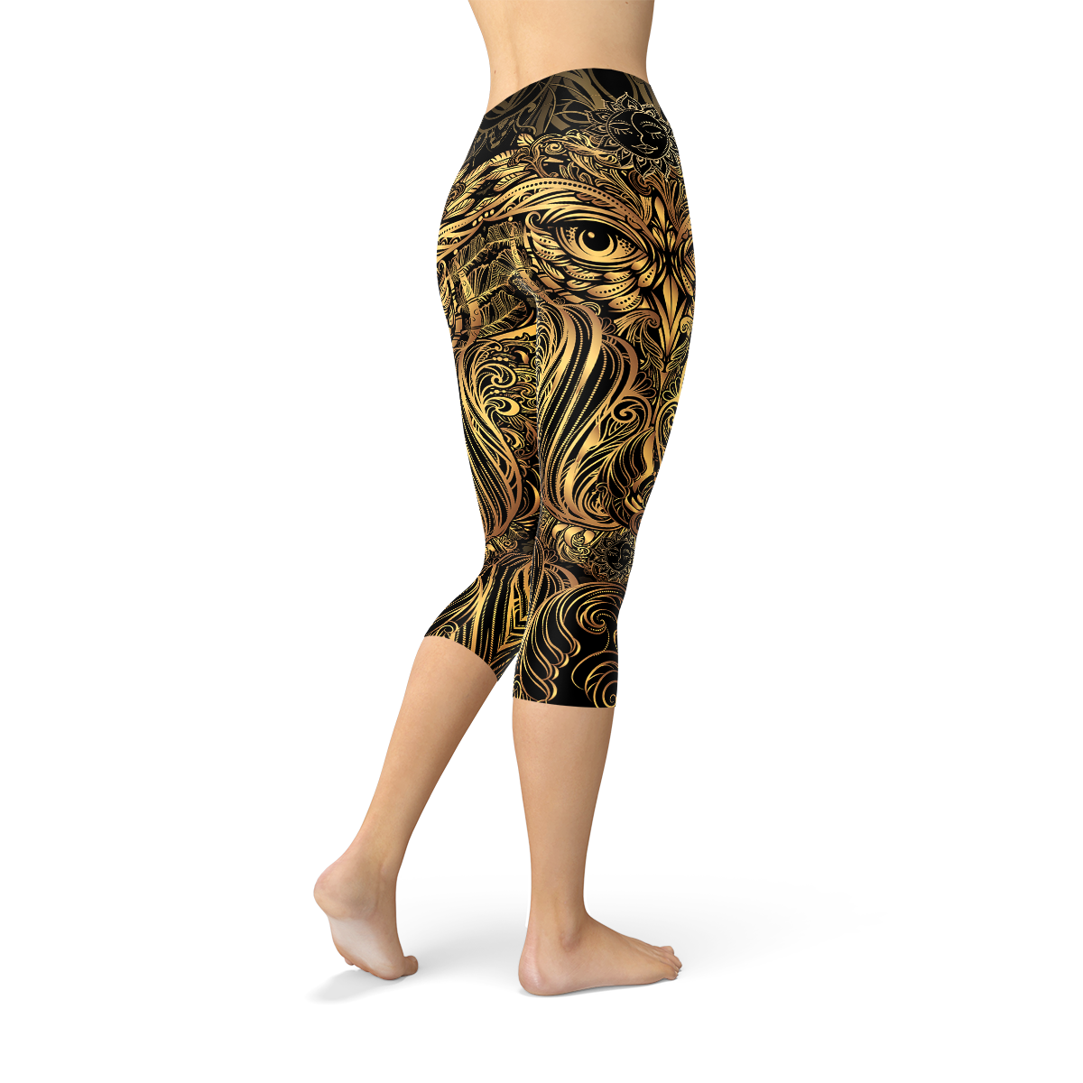 Womens Golden Ornament Owl Capri Leggings featuring a unique golden owl design, perfect for workouts and casual wear.