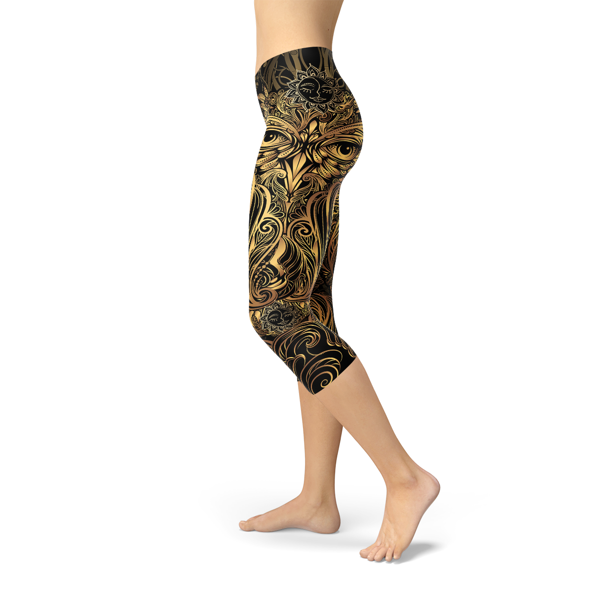 Womens Golden Ornament Owl Capri Leggings featuring a unique golden owl design, perfect for workouts and casual wear.