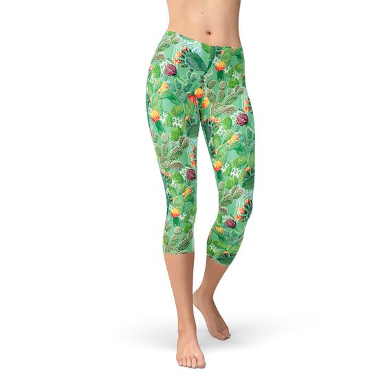 Womens Green Cactus Capri Leggings featuring a vibrant cactus design, perfect for workouts and casual wear.