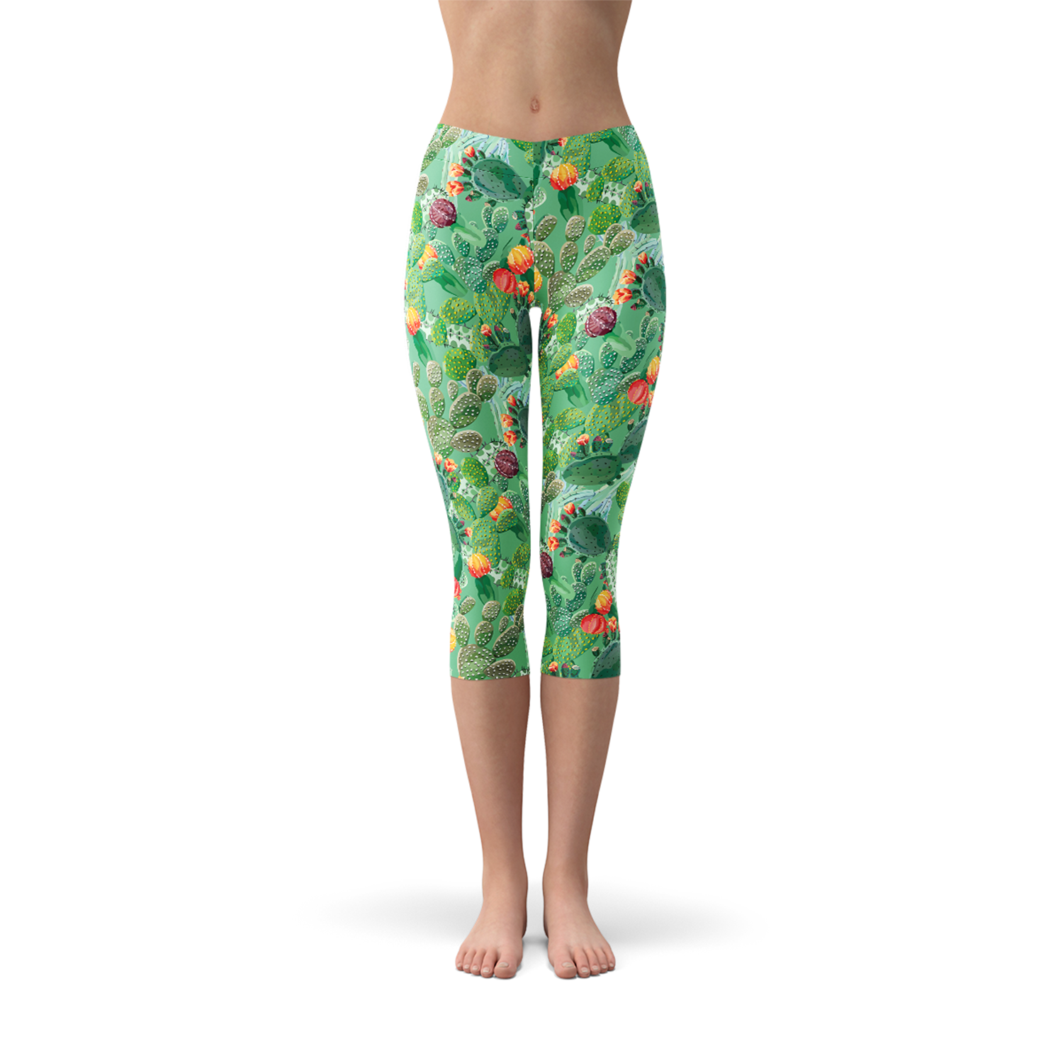 Womens Green Cactus Capri Leggings featuring a vibrant cactus design, perfect for workouts and casual wear.