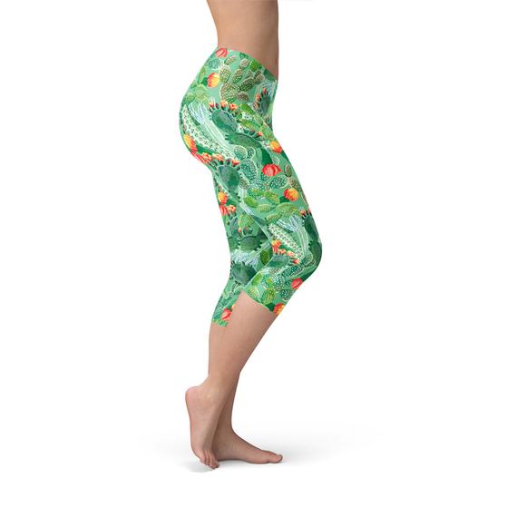 Womens Green Cactus Capri Leggings featuring a vibrant cactus design, perfect for workouts and casual wear.