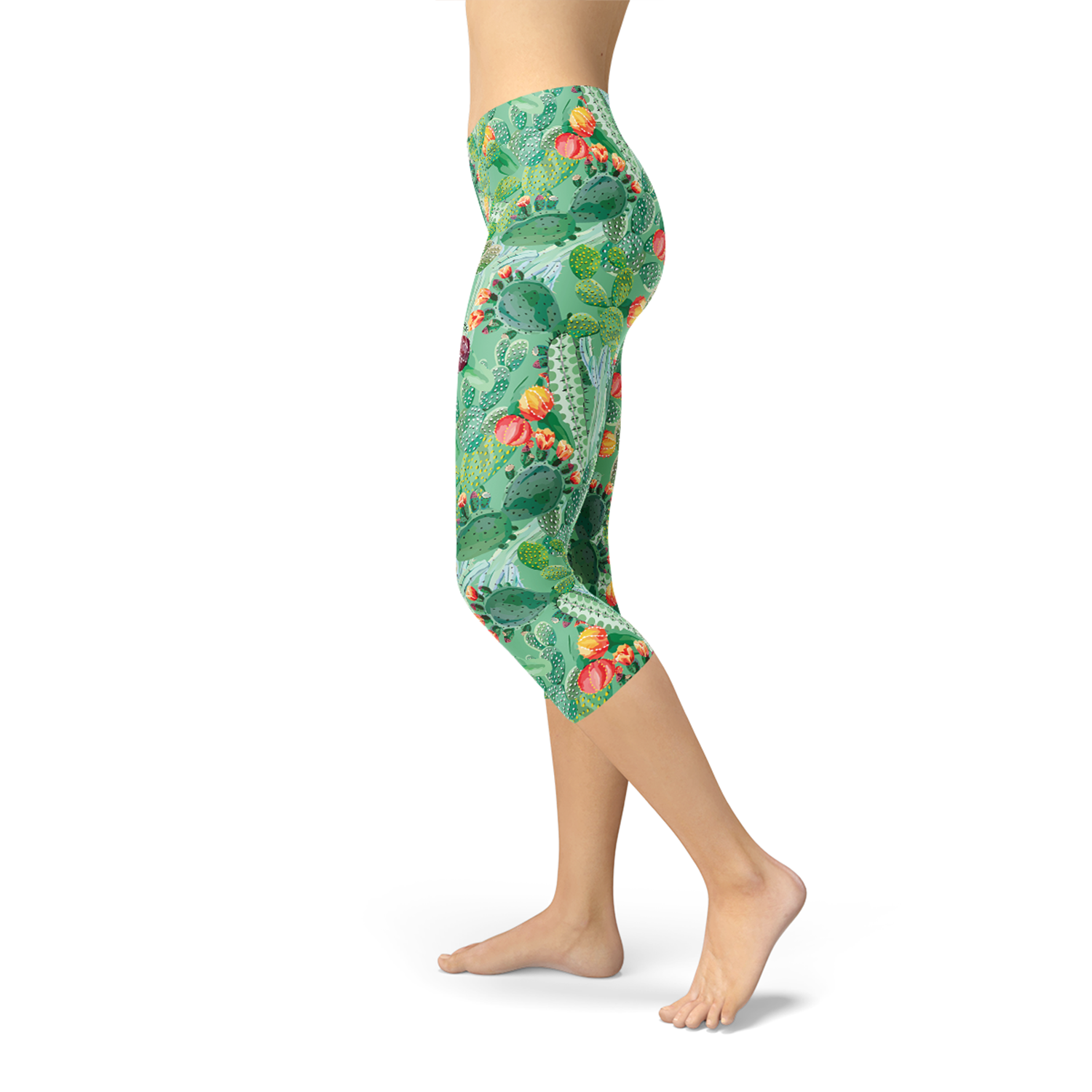 Womens Green Cactus Capri Leggings featuring a vibrant cactus design, perfect for workouts and casual wear.