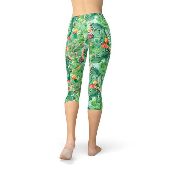 Womens Green Cactus Capri Leggings featuring a vibrant cactus design, perfect for workouts and casual wear.