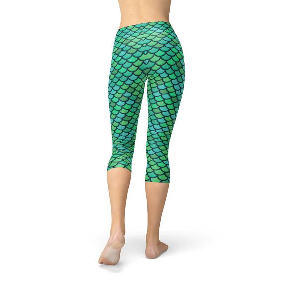 Womens Green Mermaid Capri Leggings showcasing unique mermaid design, perfect for workouts and casual wear, made from breathable and stretchy fabric.