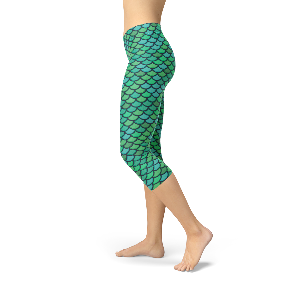 Womens Green Mermaid Capri Leggings showcasing unique mermaid design, perfect for workouts and casual wear, made from breathable and stretchy fabric.