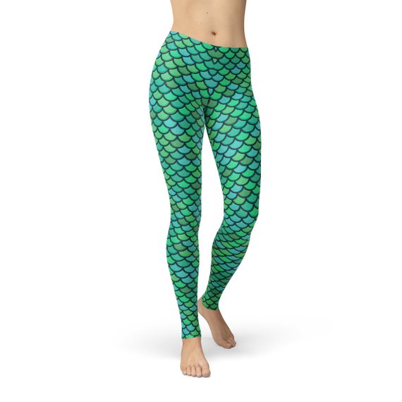 Womens Green Mermaid Leggings featuring a vibrant mermaid design, perfect for workouts and casual wear.