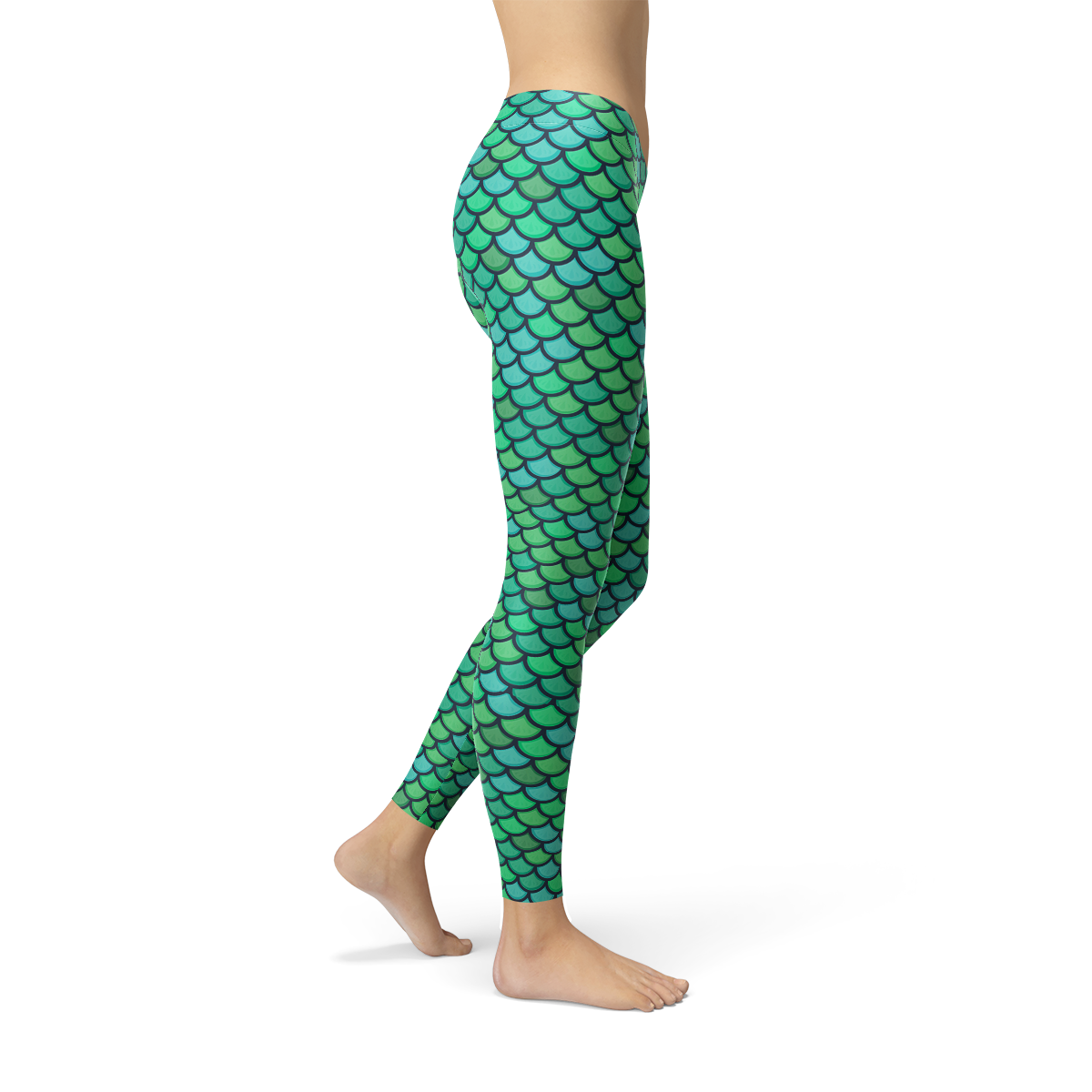 Womens Green Mermaid Leggings featuring a vibrant mermaid design, perfect for workouts and casual wear.