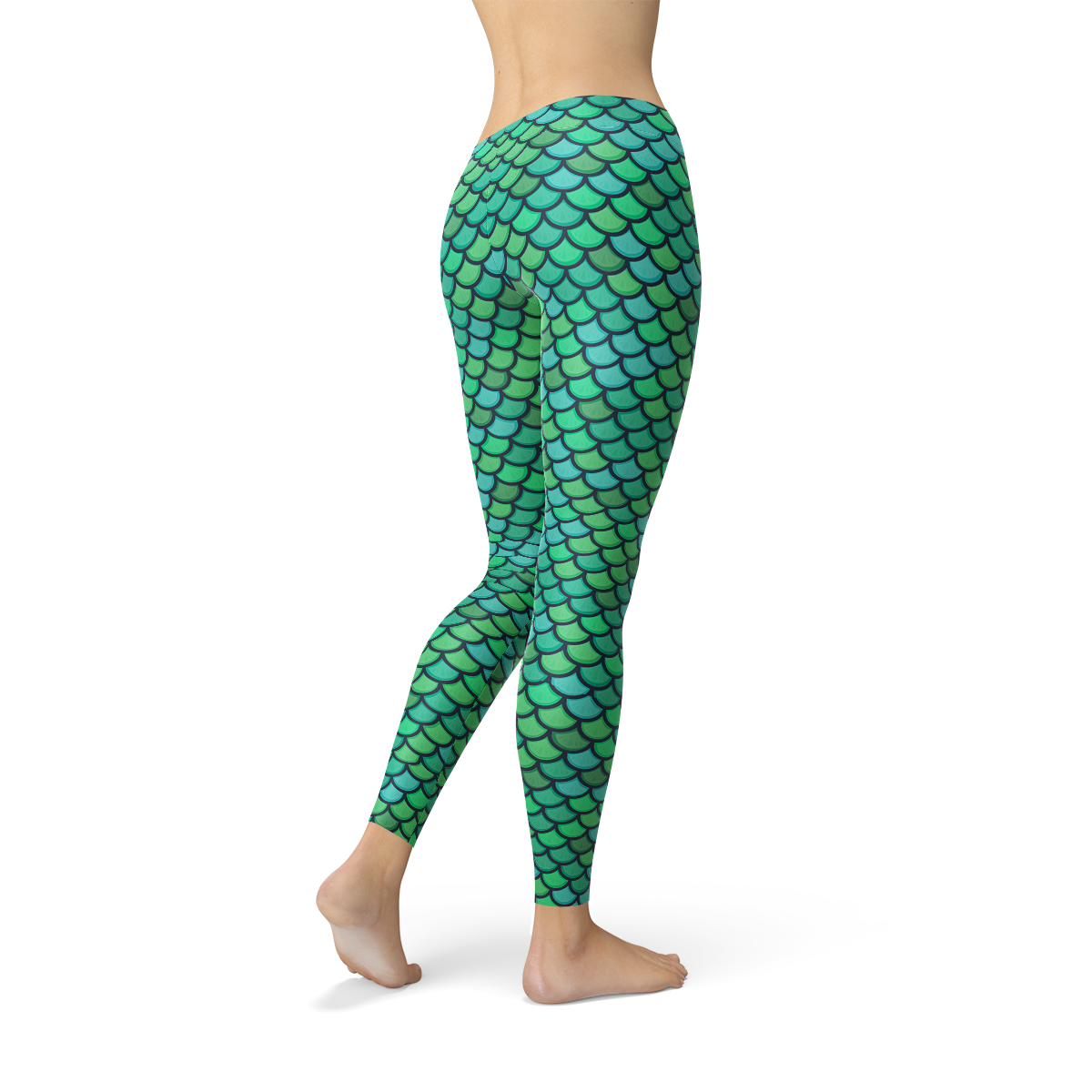 Womens Green Mermaid Leggings featuring a vibrant mermaid design, perfect for workouts and casual wear.