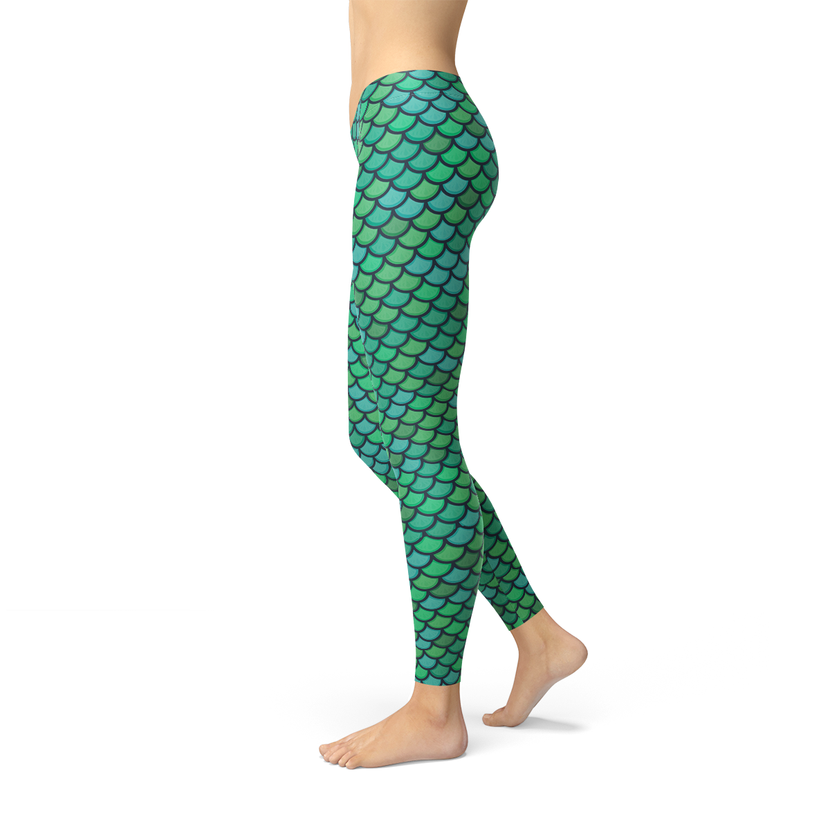 Womens Green Mermaid Leggings featuring a vibrant mermaid design, perfect for workouts and casual wear.