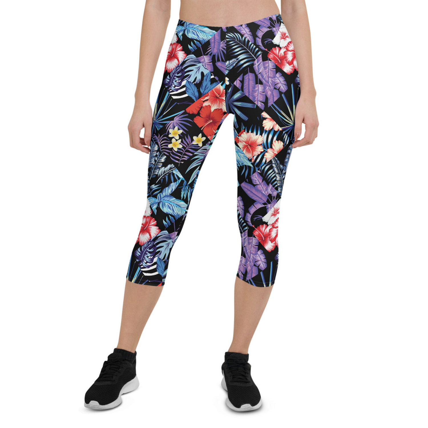 Womens Hawaii Hibiscus Floral Capri Leggings featuring a vibrant floral design, perfect for workouts and casual wear.