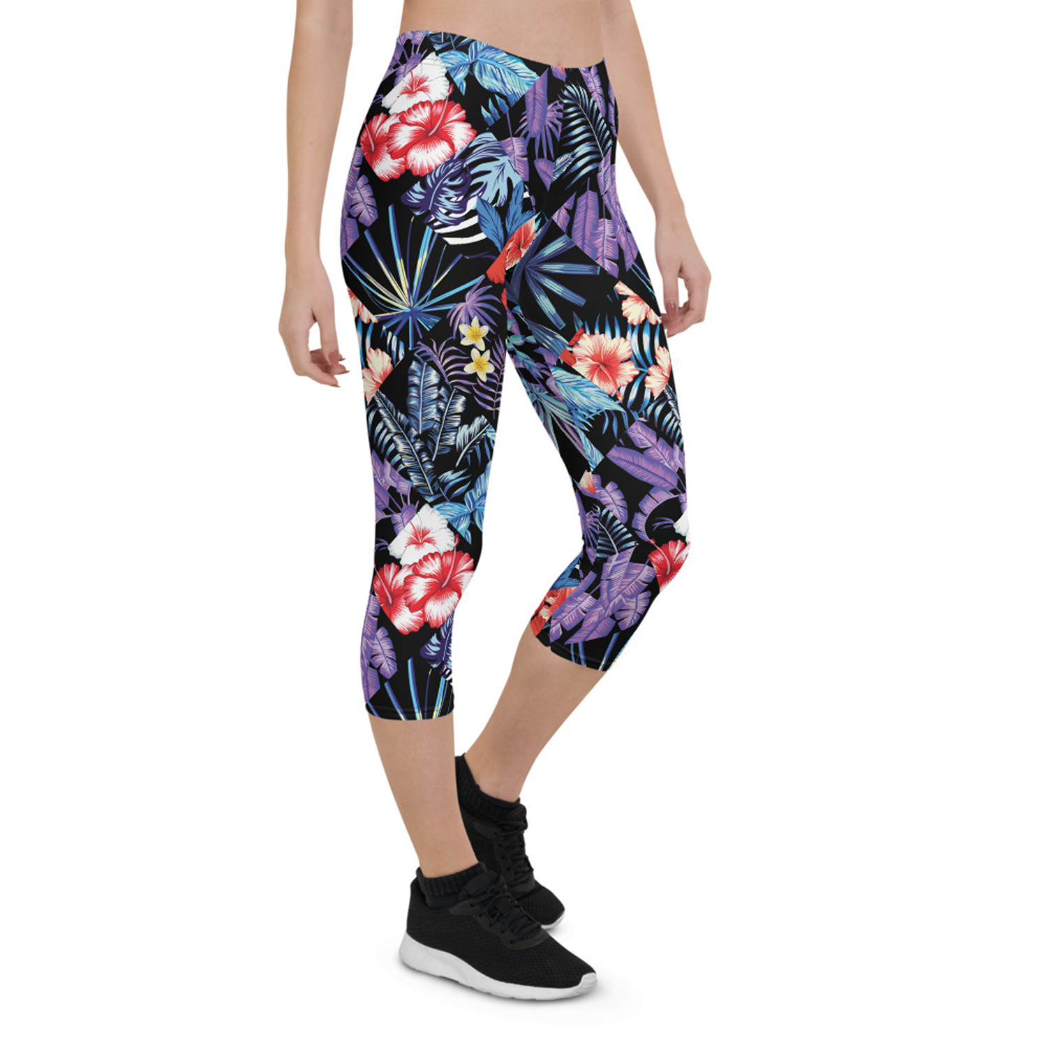 Womens Hawaii Hibiscus Floral Capri Leggings featuring a vibrant floral design, perfect for workouts and casual wear.