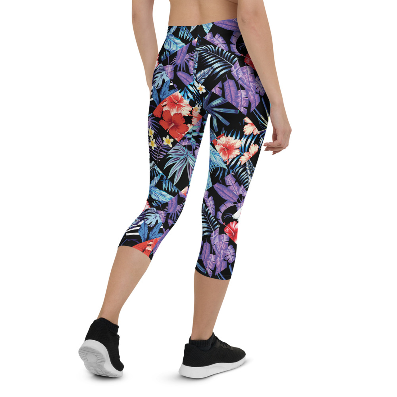 Womens Hawaii Hibiscus Floral Capri Leggings featuring a vibrant floral design, perfect for workouts and casual wear.