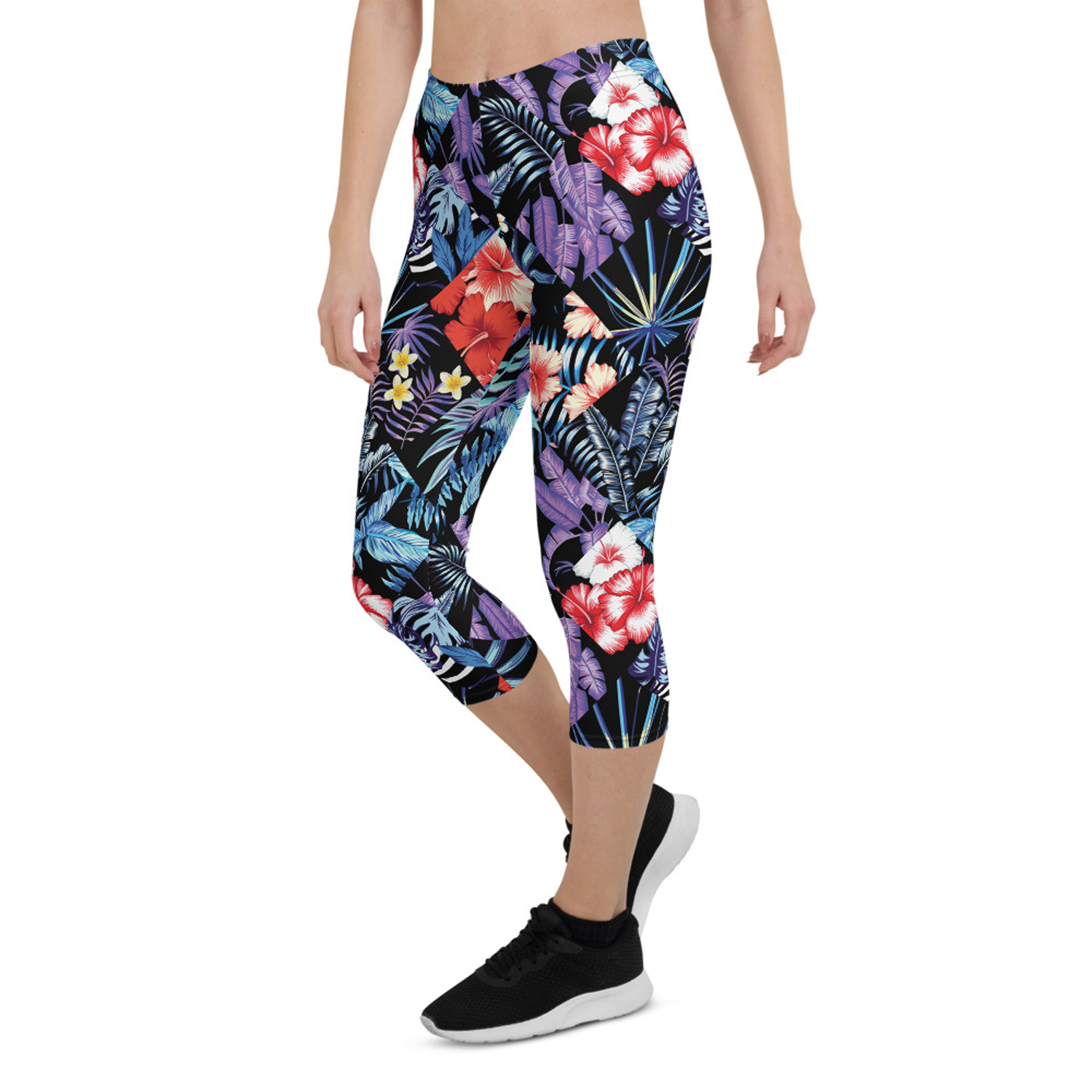 Womens Hawaii Hibiscus Floral Capri Leggings featuring a vibrant floral design, perfect for workouts and casual wear.